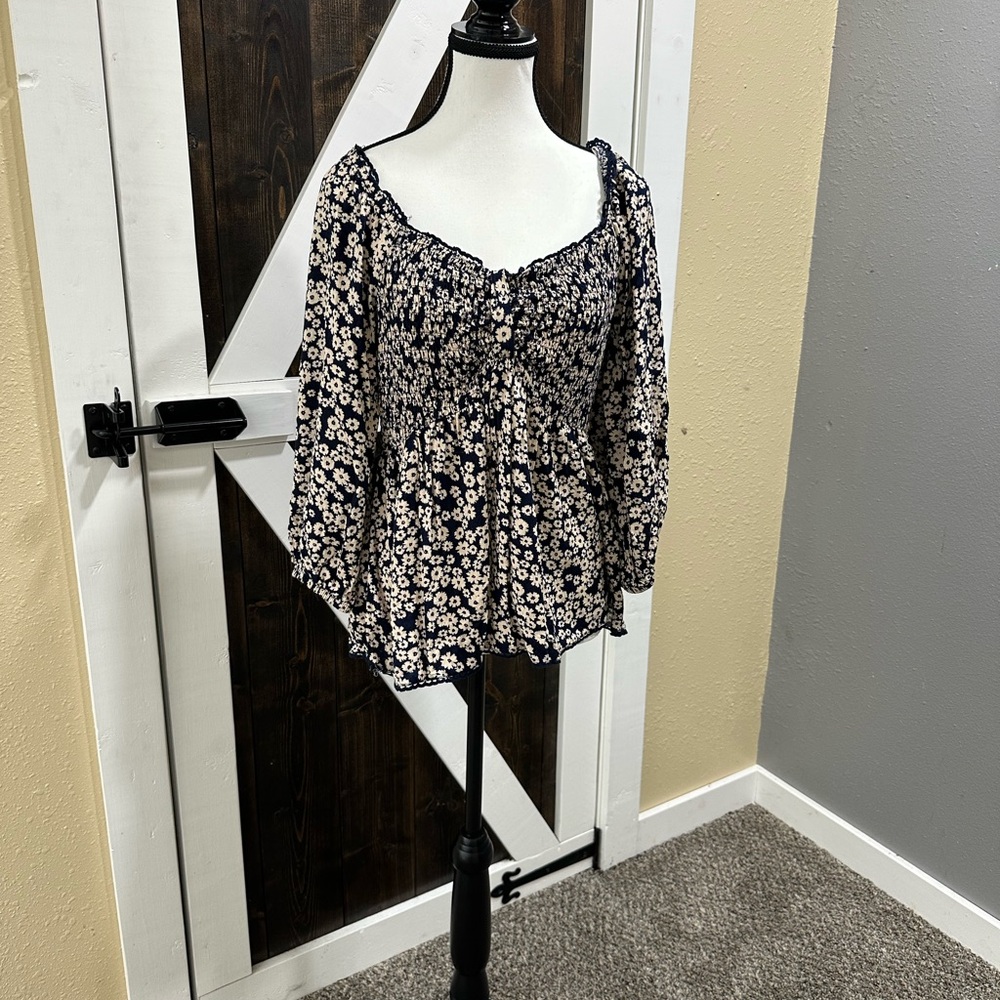 Maurices Navy and Cream Floral Blouse